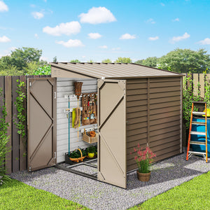 Lean-to steel garden shed with foundation kit, lockable doors, brown