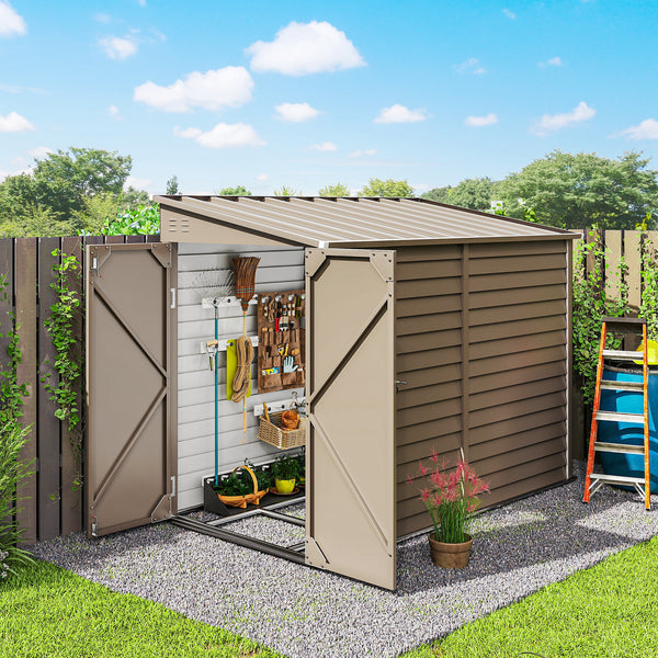 Lean-to steel garden shed with foundation kit, lockable doors, brown