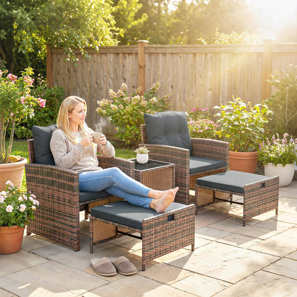 5 Piece Patio Furniture Set, Wicker Patio Chairs with Ottomans, 2-Tier Glass Coffee Table and Cushions, Brown/Dark Grey