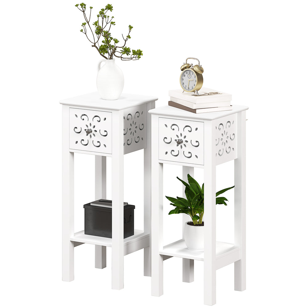 Set of 2 side tables with drawer and open storage shelf, white