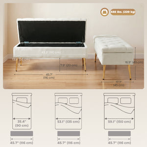 Tufted bedroom bench with gold metal legs and thick padding, beige