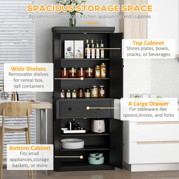 Storage unit with 4 doors, drawer and adjustable shelves, black
