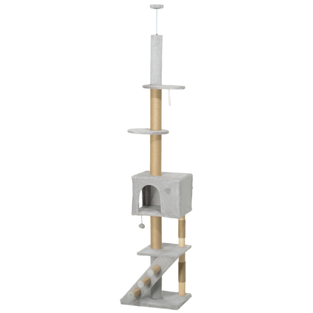 226-254 cm Cat Tree with Scratching Post, House, 3 Steps, Hanging Ball and Perches, Light Grey