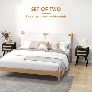 Set of 2 Bohemian Bedside Tables with 2 Drawers in Rattan, Black