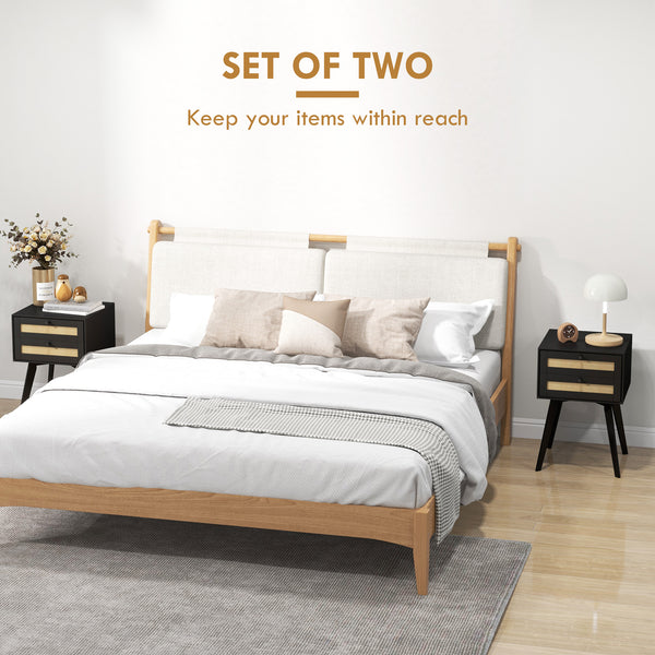 Set of 2 Bohemian Bedside Tables with 2 Drawers in Rattan, Black