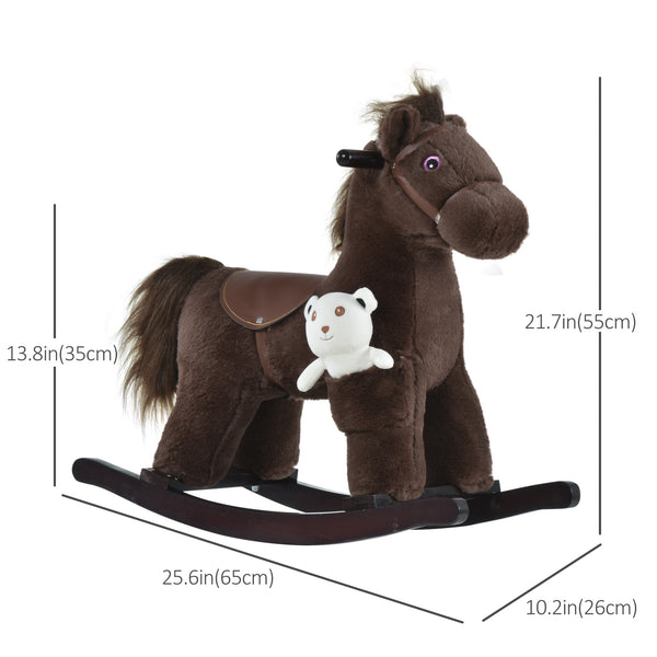 Plush rocking horse with teddy bear, brown and white
