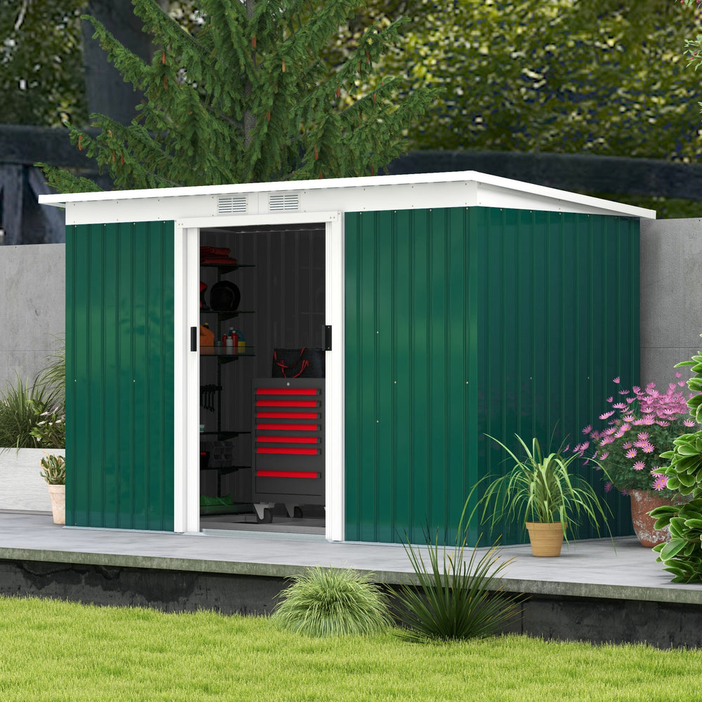Metal garden shed with foundation kit, ventilation and doors, dark green