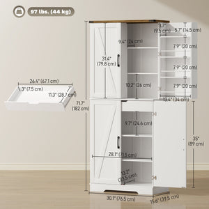 72-inch kitchen cabinet, country style, with 4 doors, one drawer, 8 shelves and one adjustable shelf, white.