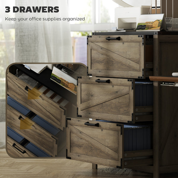 Country Style 3 Drawer Filing Cabinet with Adjustable Hanging Bars for Letter, A4, Legal Size, Grey