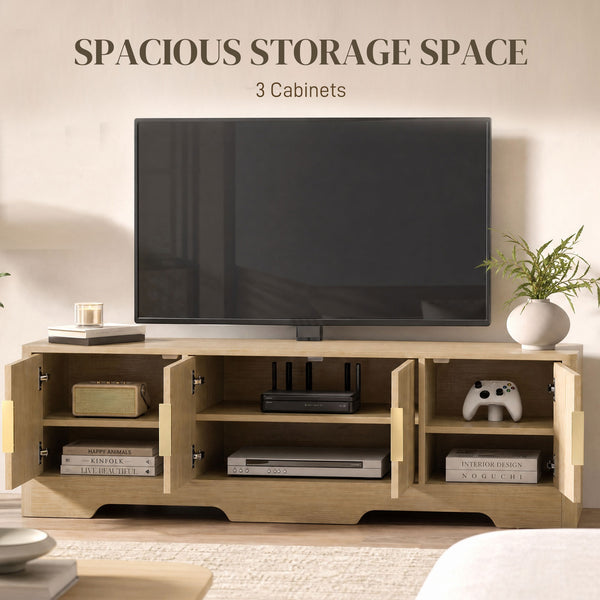 TV stand for TVs up to 60 inches, modern with fluted doors, oak finish