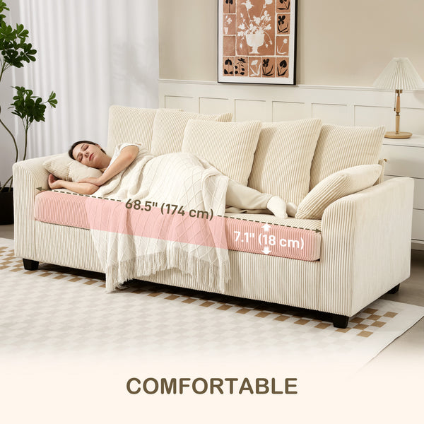 3-seater corduroy sofa with curved armrests and 8 removable cushions, beige