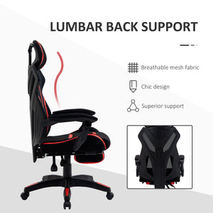Ergonomic gaming chair with footrest, black and red.
