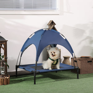 Cooling elevated dog bed with canopy, dark blue