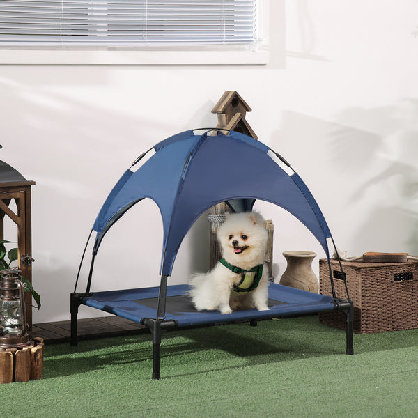 Cooling elevated dog bed with canopy, dark blue