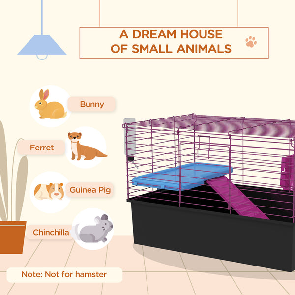 Small animal cage with water bottle, food bowl, platform, and ramp, black