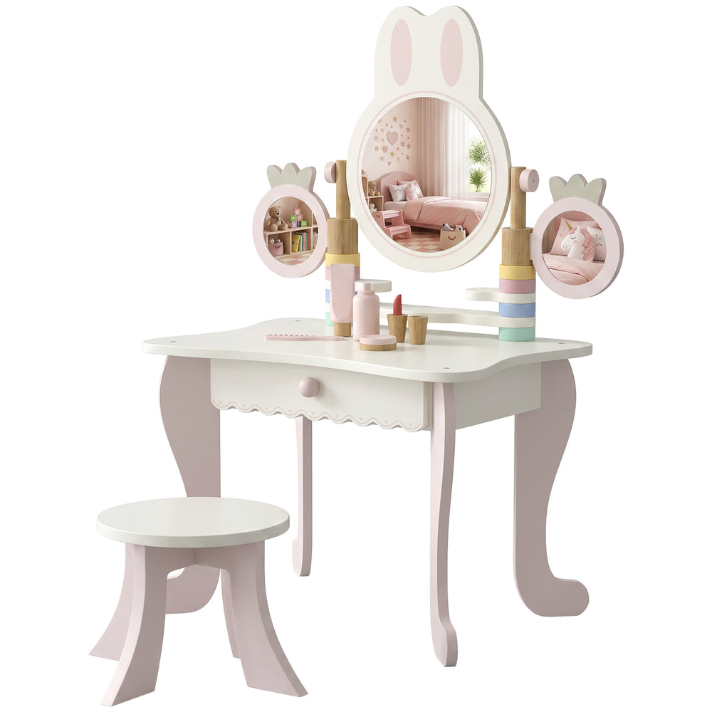 Children's dressing table with 3 mirrors and stool, pink