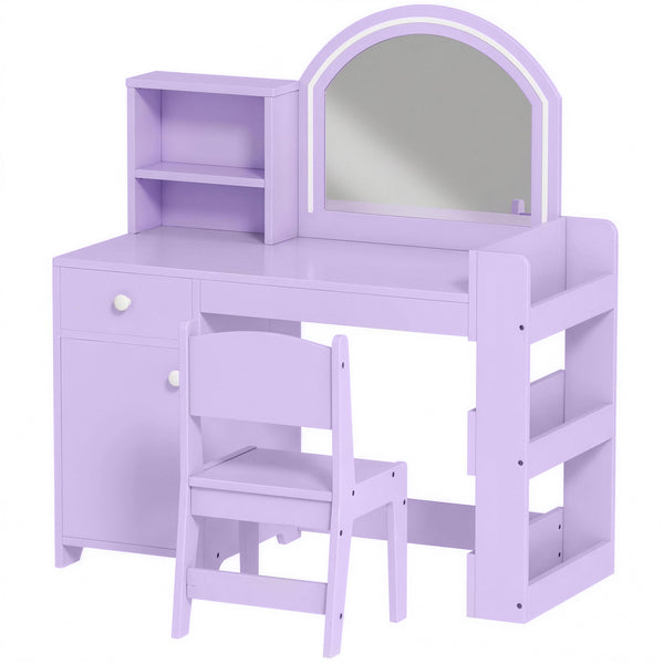 Children's vanity with dual-tone LED mirror, storage, and chair, mauve