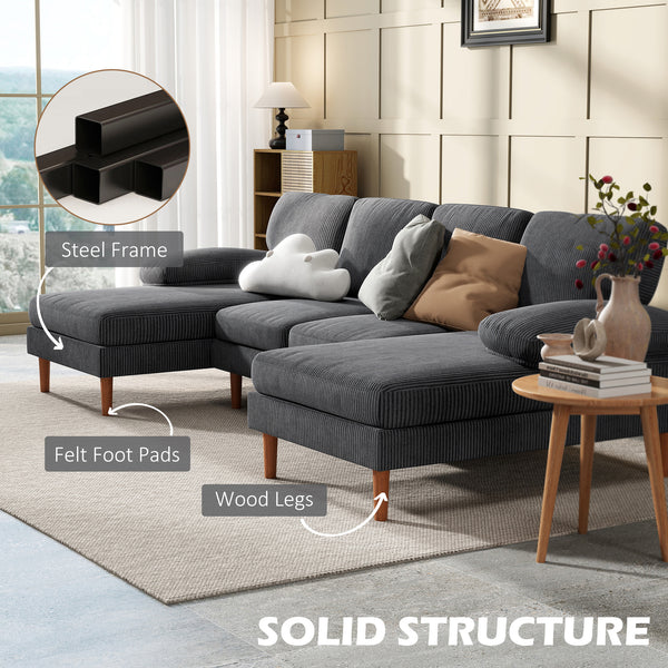 U-shaped corner sofa with double chaise longue, 4-seater with wooden legs, dark grey