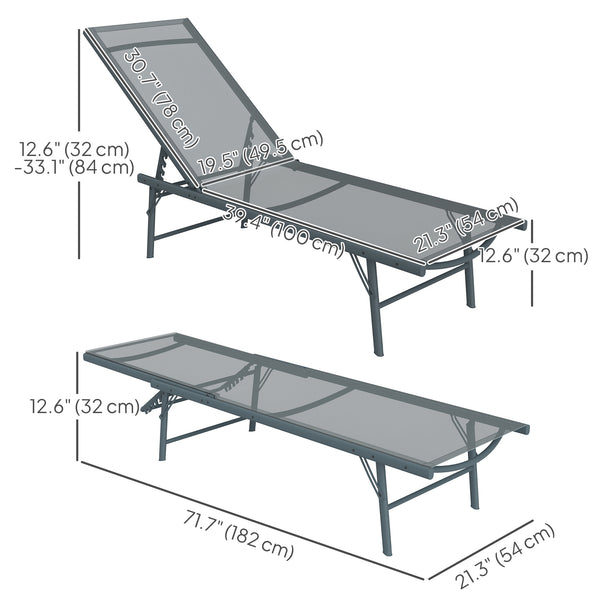 Set of 2 reclining lounge chairs with adjustable backrest, mesh seat, light gray