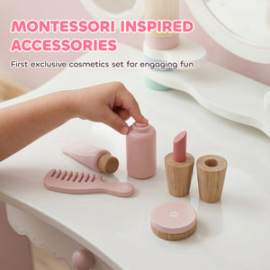 Children's dressing table with 3 mirrors and stool, pink