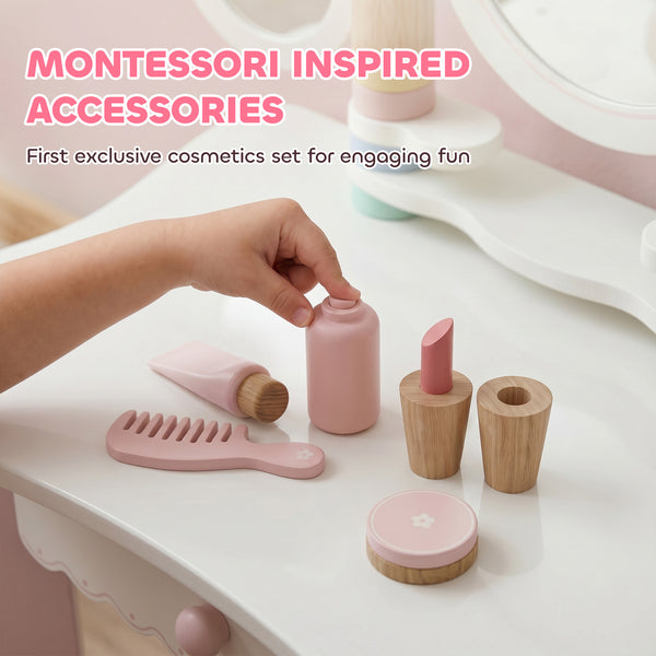Children's dressing table with 3 mirrors and stool, pink