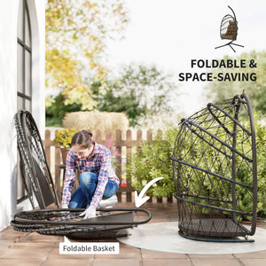 Suspended armchair with stand, in woven rattan with thick cushion and safety rope, brown