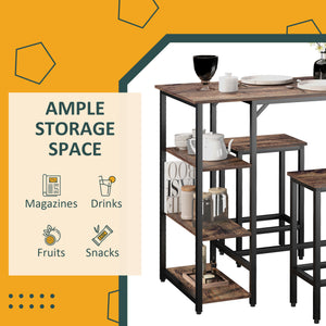 Industrial style kitchen table and chairs set for 2 people, including a bar table and stools, rustic brown.