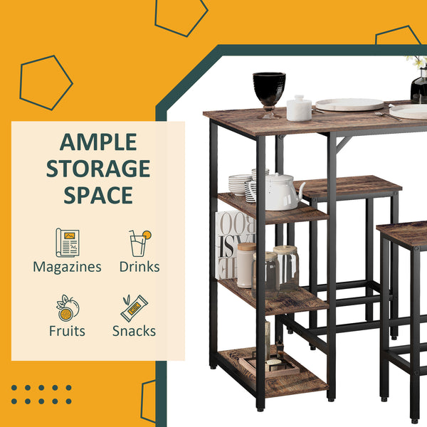 Industrial style kitchen table and chairs set for 2 people, including a bar table and stools, rustic brown.