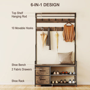 6-in-1 Entryway Cabinet with Bench and Shoe Rack, Rustic Brown