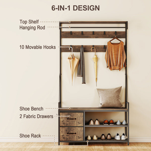 6-in-1 Entryway Cabinet with Bench and Shoe Rack, Rustic Brown