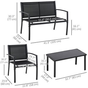 4-Piece Furniture Set with Glass Coffee Table, Breathable Mesh Seat and Backrest for Garden and Balcony, Black