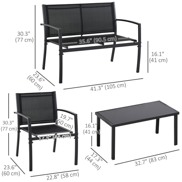 4-Piece Furniture Set with Glass Coffee Table, Breathable Mesh Seat and Backrest for Garden and Balcony, Black