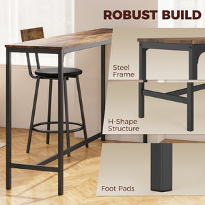 Bar table with 3 padded stools, rustic brown