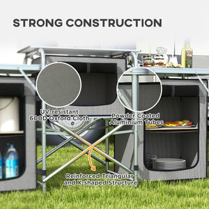 Portable folding aluminum camping kitchen with fabric cupboards, grey