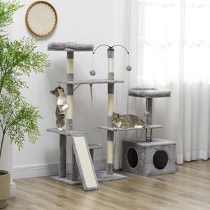 Cat tree with scratching posts, niche, beds, platforms and play balls, light grey